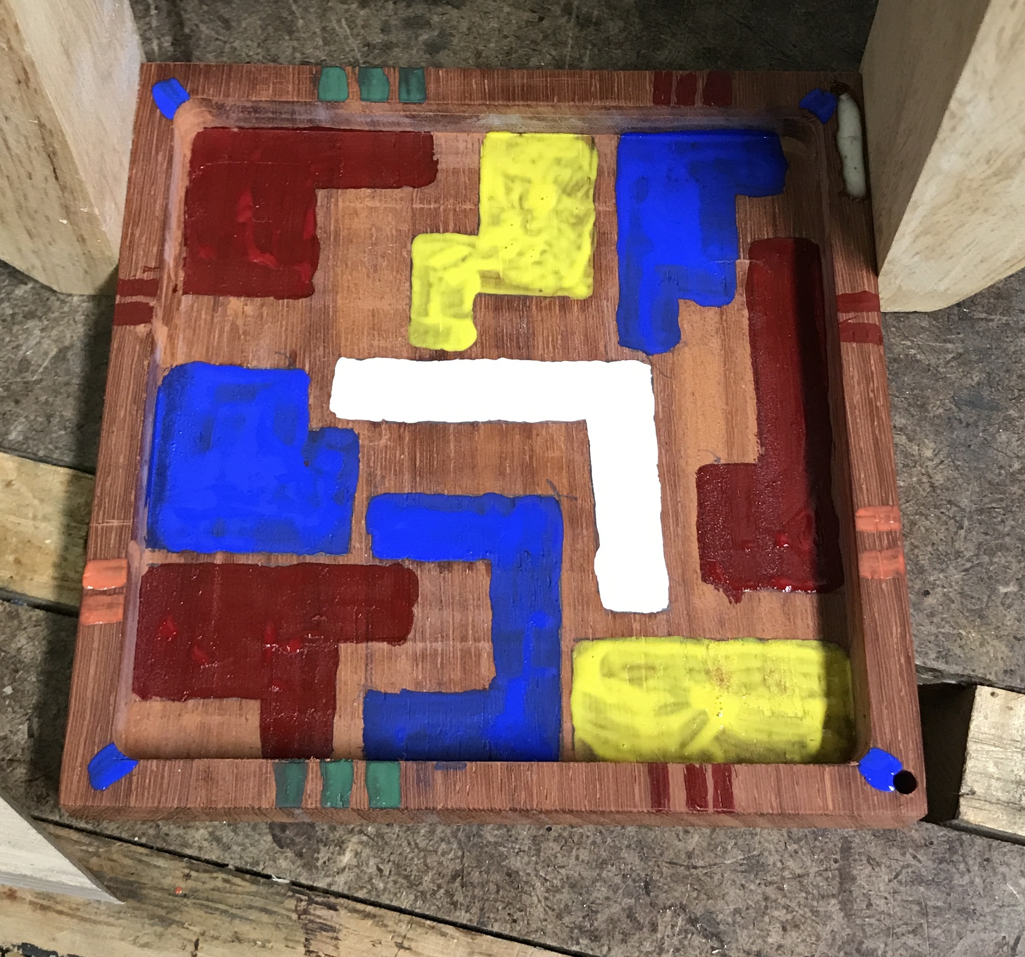 The box bottom was painted for the pieces